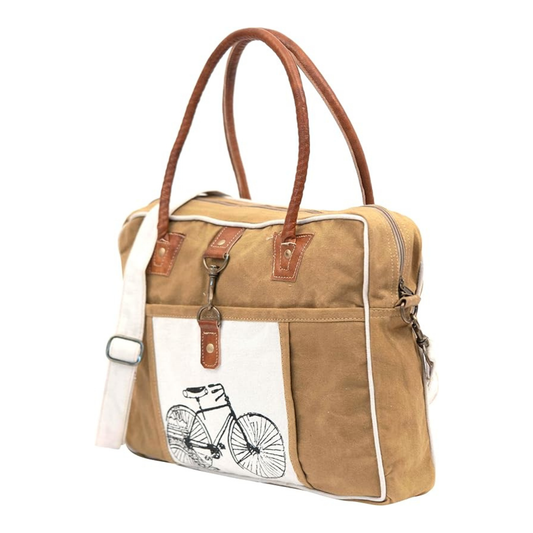 Rajeriya Upcycled Canvas Tote Shoulder Bag for Women, Boho Style Durable Handbag, Spacious Weekend Travel Bag, Light Brown