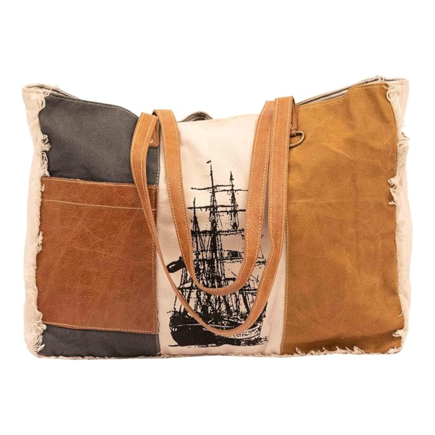 Rajeriya SEL DE MER Large Shoulder Bag & Cowhide Tote for Women, Upcycled Canvas & Genuine Leather Handbag for Daily Use & Travel, Tan Brown & cream