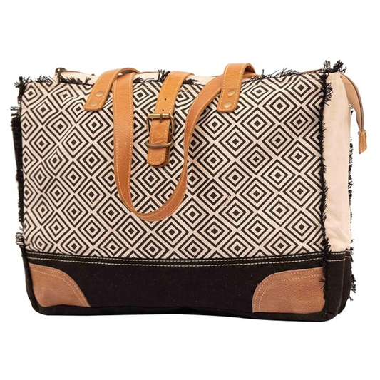 Rajeriya SEL de MER Upcycled Canvas & Leather Shoulder Tote Bag for Women, Durable Eco-Friendly Design, Spacious Everyday Handbag for Travel & Work, Black & White