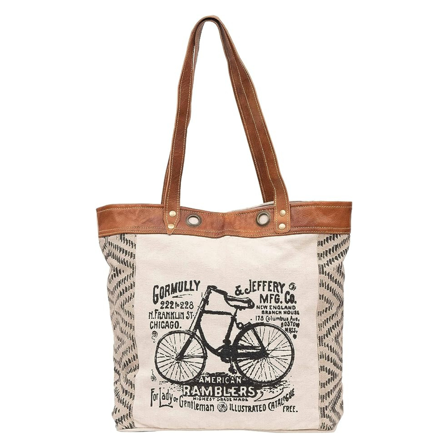 Rajeriya Leather Bicycle Upcycled Canvas Tote Bag, Durable Eco-Friendly Carry Bag for Men & Women, Lightweight Everyday Shopping & Travel Use, White Tan