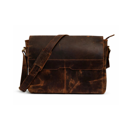 Rajeriya Messenger Bag, Buffalo Leather 18 Inch Laptop Bag, Vintage Crazy Horse Half Flap Briefcase for Men, Brown