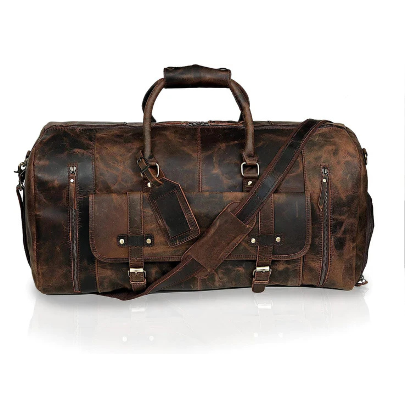 Rajeriya Leather Duffel Bag 24 Inch Genuine Leather Men Travel Bag, Large Capacity Durable Overnight Weekend Gym Sports Duffel, Brown