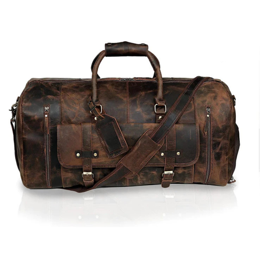 Rajeriya Leather Duffel Bag 24 Inch Genuine Leather Men Travel Bag, Large Capacity Durable Overnight Weekend Gym Sports Duffel, Brown
