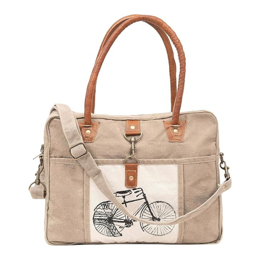 Rajeriya Upcycled Canvas & Cowhide Leather Tote Bag, Hand & Shoulder Bag for Men & Women, Durable Eco-Friendly Bicycle Canvas Design for Daily Use & Travel, Brown
