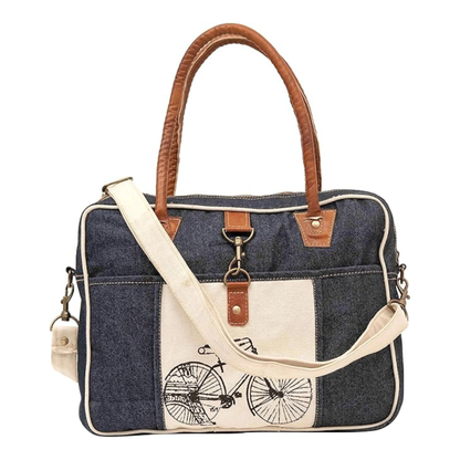Rajeriya Upcycled Canvas & Cowhide Tote Bag, Handmade Canvas Leather Shoulder Handbag for Women, Durable Eco-Friendly Travel & Daily Use Bag, Blue