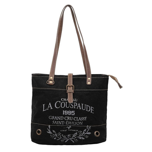 Rajeriya Upcycled Canvas & Cowhide Tote Bag for Women, Durable Handmade Handbag with Leather Trim, Eco-Friendly Daily Use Shoulder Bag, Black