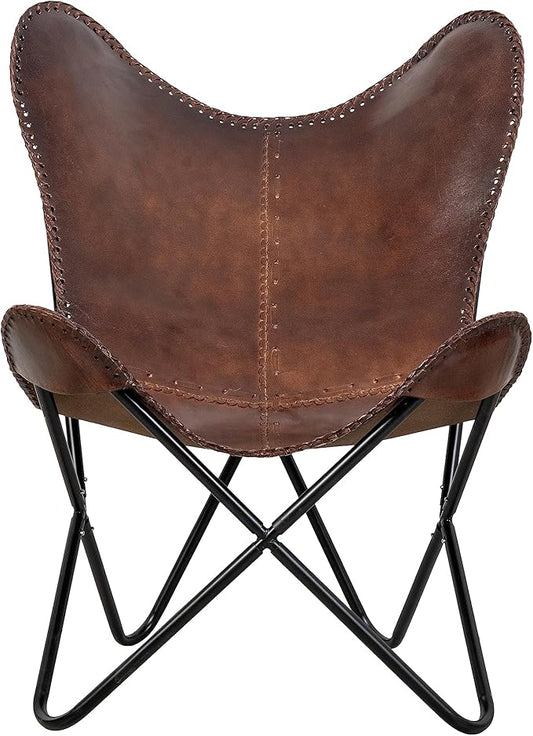 Vintage Brown Leather & Arm Butterfly Chair | Genuine Tan Leather Butterfly Chair Home Decor | Handmade Chair