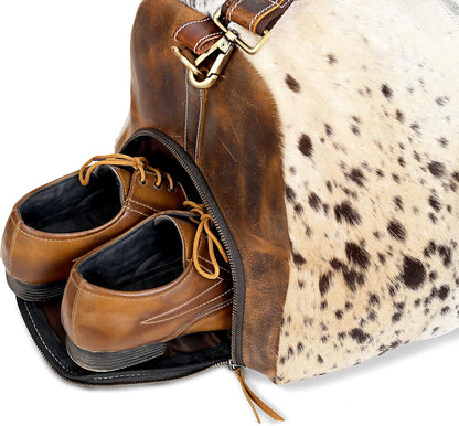 Rajeriya Cowhide Duffel Bag, Large Size, Unisex Travel Bag, Brown Leather, Shoe Duffel for Men's and Women's (Duffel Style 1)