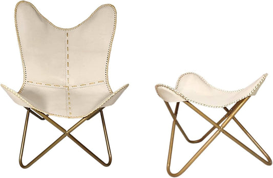Rajeriya Vintage Leather Butterfly Chair with Footstool Folding Modern Sling Loung Accent | Home Décor | Classic Handmade Chair (Fold-able Stand with Foot Stool) White
