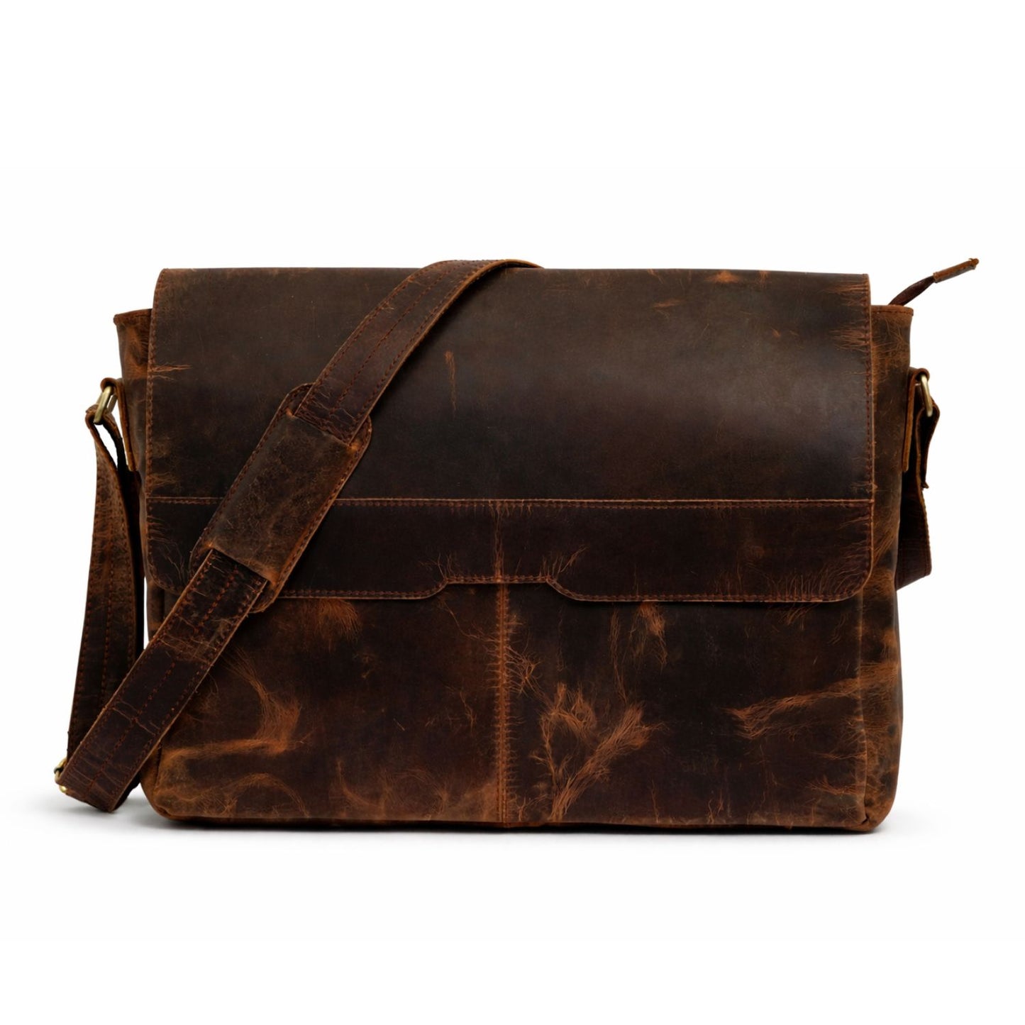Rajeriya Messenger Bag, Buffalo Leather 18 Inch Laptop Bag, Vintage Crazy Horse Half Flap Briefcase for Men, Brown