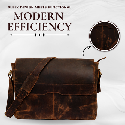Rajeriya Messenger Bag, Buffalo Leather 18 Inch Laptop Bag, Vintage Crazy Horse Half Flap Briefcase for Men, Brown