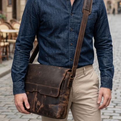 Rajeriya Messenger Bag, Buffalo Leather 18 Inch Laptop Bag, Vintage Crazy Horse Half Flap Briefcase for Men, Brown
