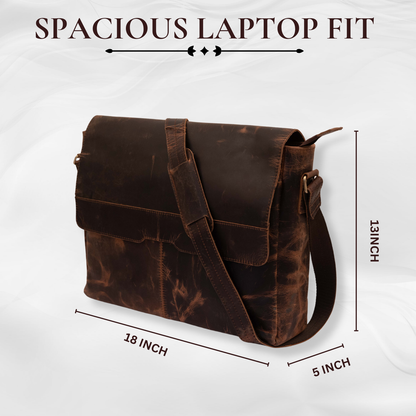 Rajeriya Messenger Bag, Buffalo Leather 18 Inch Laptop Bag, Vintage Crazy Horse Half Flap Briefcase for Men, Brown